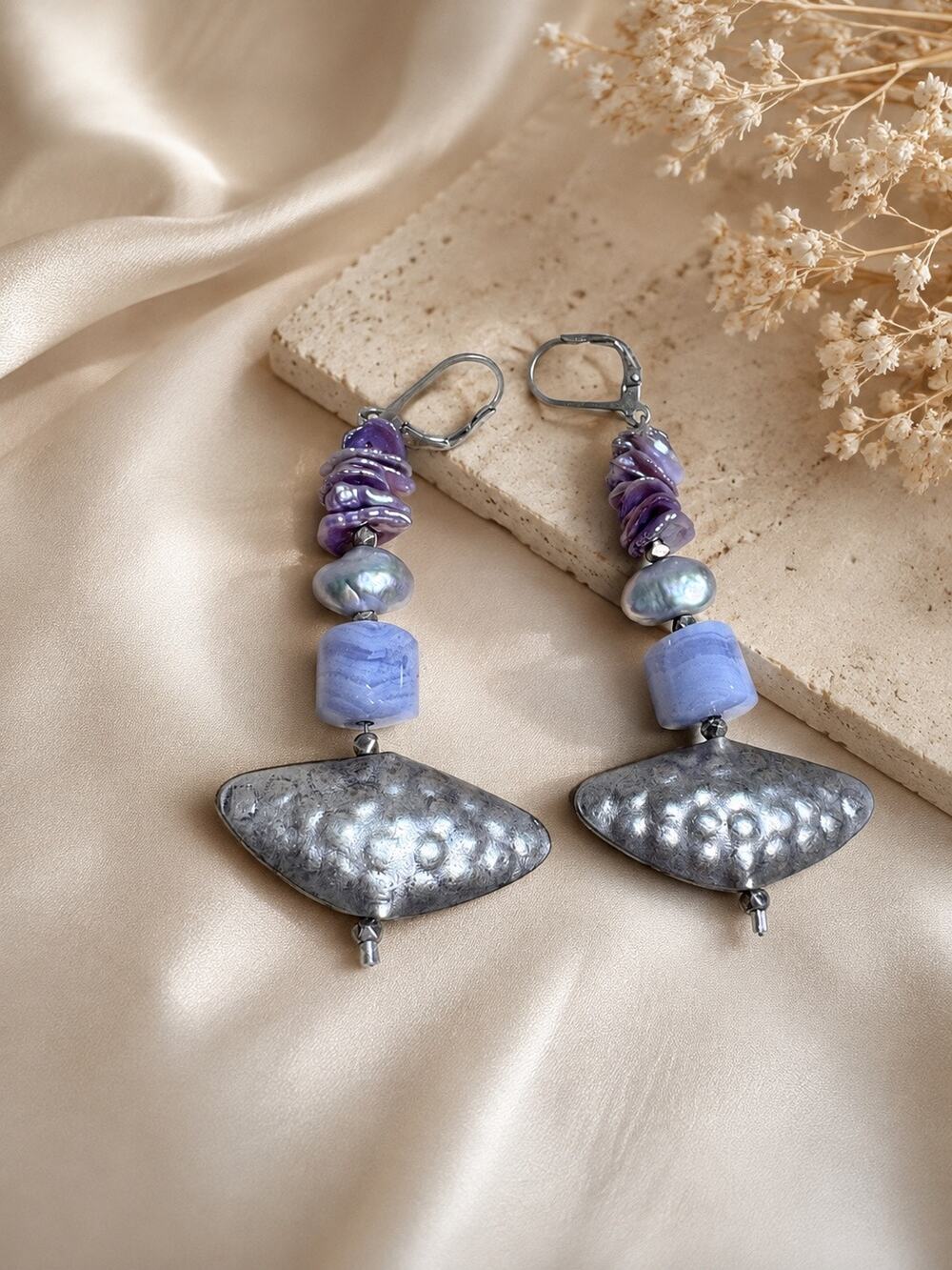 Sterling Silver 925 Clasp Purple Stone Hammered Dangle Artisan Earrings
